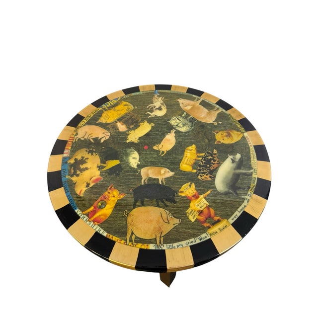 Signed Annie Modica Decoupage Pig Stool Accent Table Decor Stand Americana Maximalist For Sale - Image 4 of 12