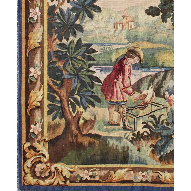 Antique French Aubusson Tapestry With Woodland Scene Surrounded by Floral Border 3'7 X 5'0 For Sale - Image 4 of 6