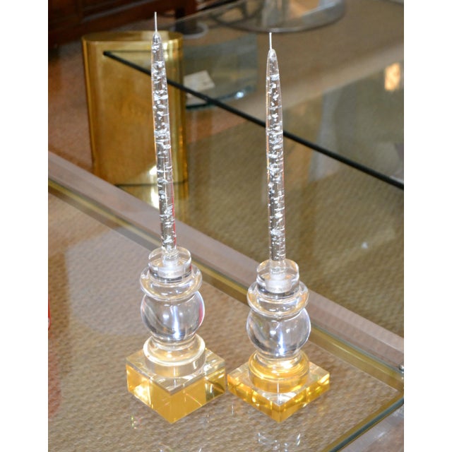 Modern Clear & Gold Turned Acrylic Candle Holders, Candlesticks, Pair For Sale - Image 13 of 13