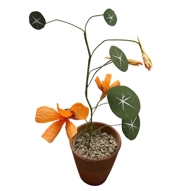 2000 - 2009 Charming Vintage Italian Hand-Crafted Metal and Crepe Paper Nasturtium Topiary in Terracotta Pot For Sale - Image 5 of 12