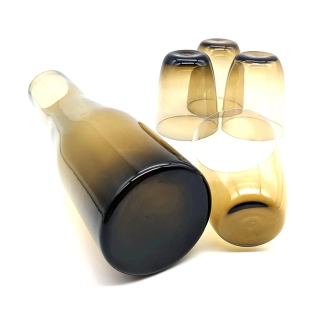 Mid-Century Modern Vintage Scandinavian Smoke Brown Blown Glass Carafe and Tumblers, Set of 5 For Sale - Image 3 of 10