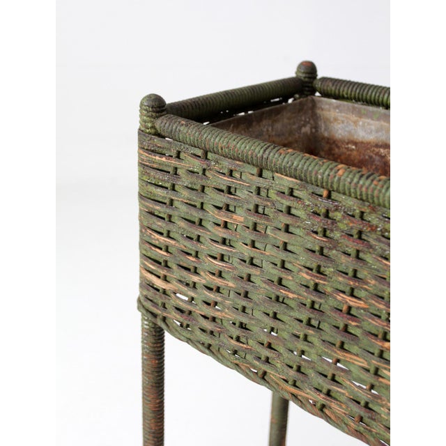 Antique Green Painted Wicker Jardinière Planter With Metal Liner For Sale - Image 10 of 17