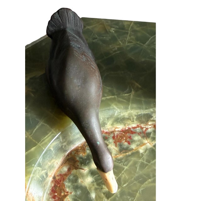 1950s Art Deco Style Green Onyx & Bronze Duck Vide-Poche, Mid-Century European Catchall For Sale - Image 5 of 8
