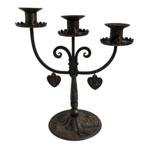 Primitive German 3-Arm Tole Metal Candelabra – Rustic Vintage Charm