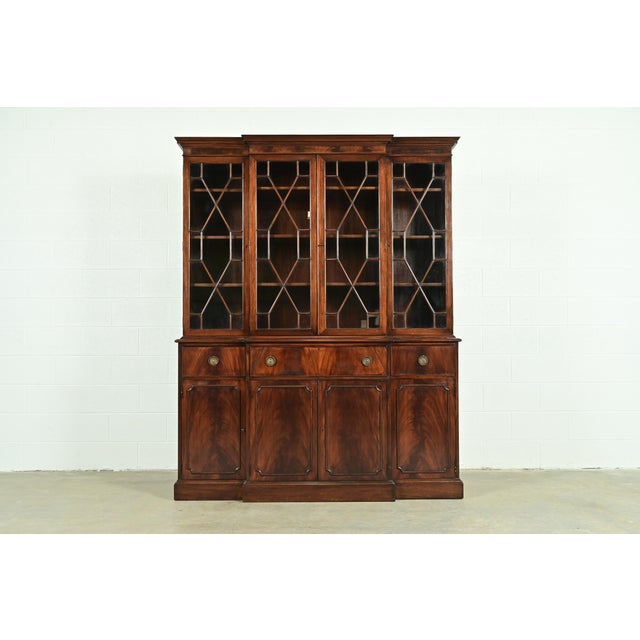 Baker Furniture Style Georgian Flame Mahogany Breakfront Bookcase Cabinet With Drop Front Secretary Desk For Sale - Image 16 of 16