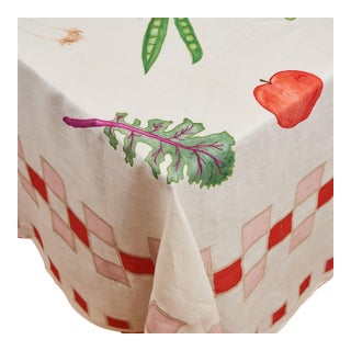 Still Life Fruit & Vegetables Red Linen Tablecloth Long (120" x 80") For Sale