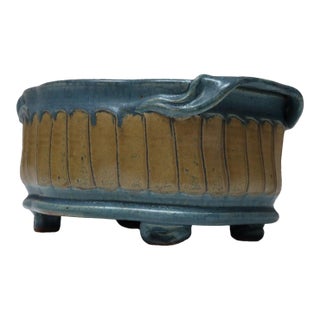 Oblong Vintage Blue and Ochre Studio Pottery Planter Vase by Deanna Nichols For Sale