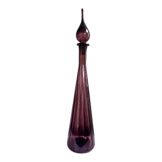 1960s Italian Empoli Amethyst Glass Genie Bottle Decanter With Original Stopper – 26.75” Tall For Sale