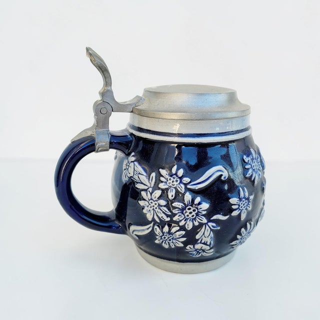 Mid-Century Modern Mid-Century German Cobalt Blue Relief Stein with Pewter Lid, 1940s-1950s For Sale - Image 3 of 12