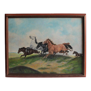 Signed Oil Painting of Horses on Board