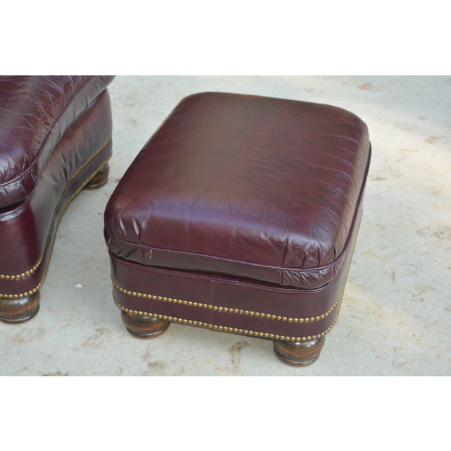 2010s Hancock & Moore Burgundy / Wine Leather Club Arm Chair & Ottoman With Nailhead Trim For Sale - Image 5 of 14