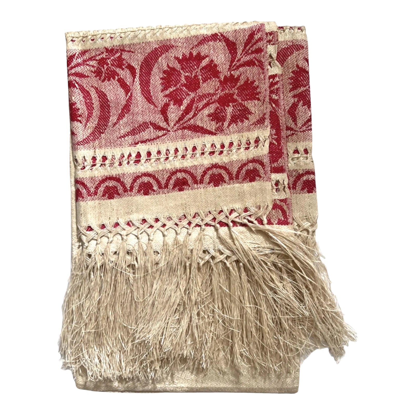 Victorian Turkey Red and Natural Linen Damask Fringed Table Runner ...