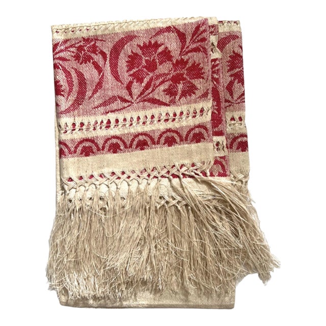 Victorian Turkey Red and Natural Linen Damask Fringed Table Runner Textile For Sale
