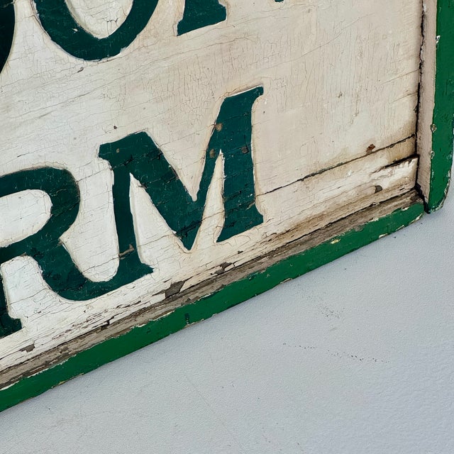 1930s Joyful Double Sided Wooden Trade Sign Advertising "Bubbling Brook Farm" in Green Paint For Sale - Image 9 of 10