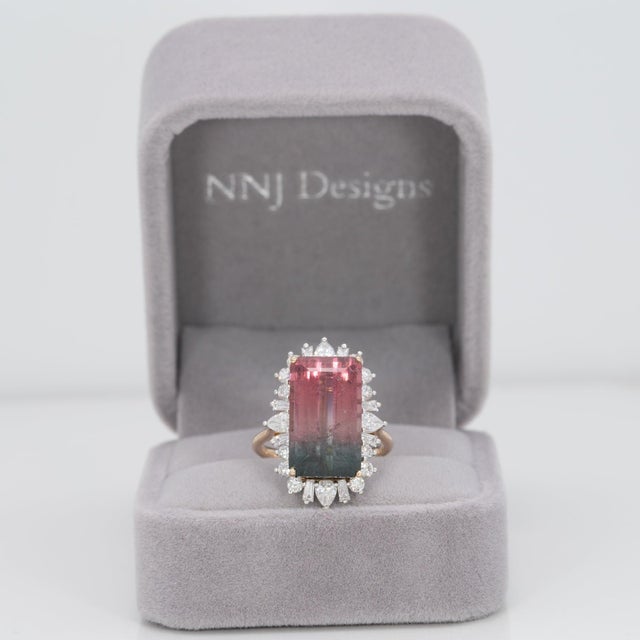 Modern 10Ct Bi-Color Tourmaline Ring With Lab Diamond Accents: Solid 14k Gold, 17x10mm, Size 6.75 For Sale - Image 3 of 9