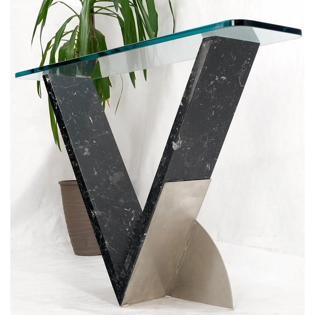 Glass Late 20th Century V Shape Marble Base Thick Glass Top Modern Custom Design Console Table For Sale - Image 7 of 12