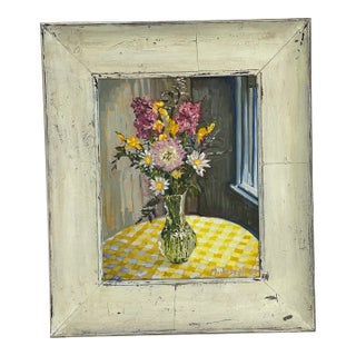 1984 Vintage Expressionist Floral Still Life Oil Painting in Distressed White Frame For Sale