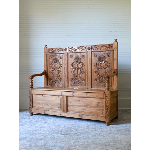 Wood Mid 20th Century English Pine Carved Storage Bench For Sale - Image 7 of 17
