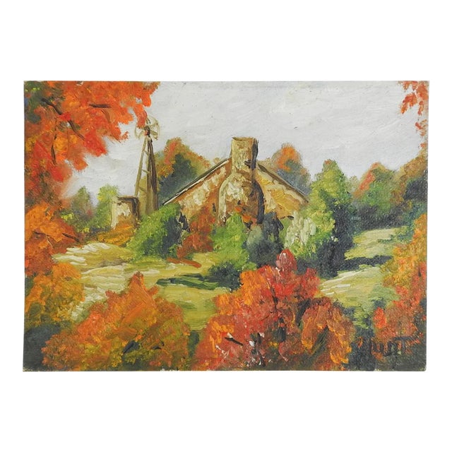 Small Vintage Mid 20th Century Autumn Homestead Landscape Painting For Sale