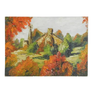 Small Vintage Mid 20th Century Autumn Homestead Landscape Painting