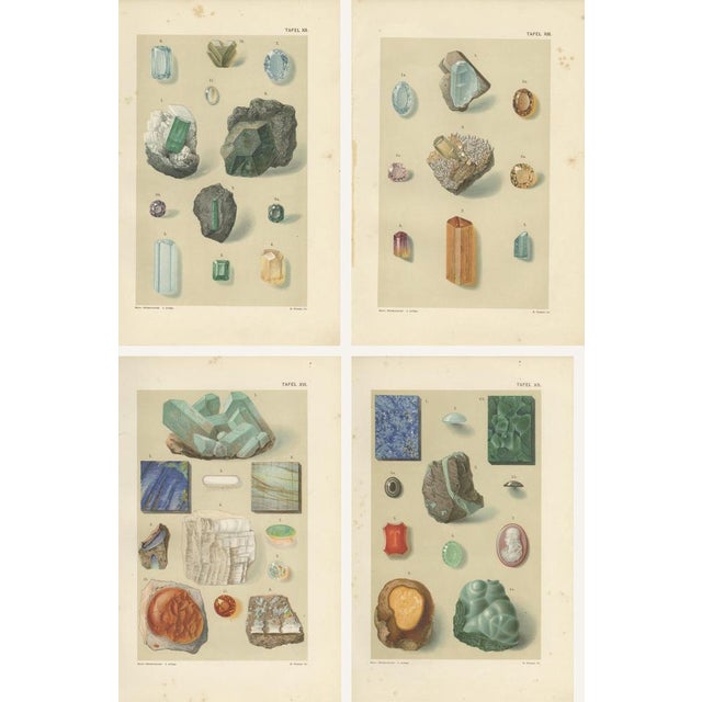 Antique Gemstone Prints Set of 4, Blue & Green Minerals, Bauer c.1900 : A refined and visually balanced set of four...
