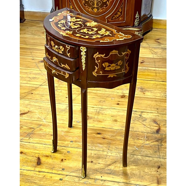 French French-Style Demilune Side Table – Three Small Drawers With Floral Marquetry & Gilded Details For Sale - Image 3 of 4