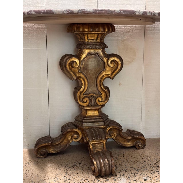 Gold Pair of Italian Giltwood Demilune Consoles With Marble Tops For Sale - Image 8 of 12