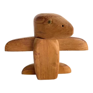 Teak Wood Carved Eagle Thunderbird Totem Statue Handmade Folk Art Vintage Tiki Style