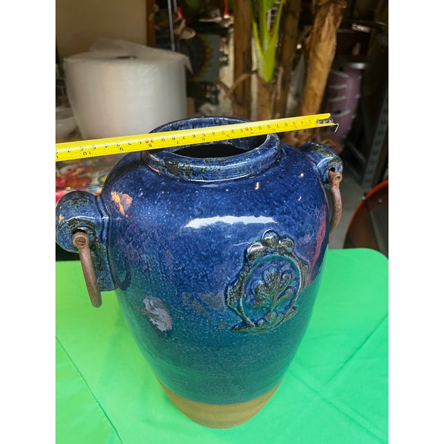 1970s Oversized Blue Ceramic Vase With Metal Ears For Sale - Image 9 of 11