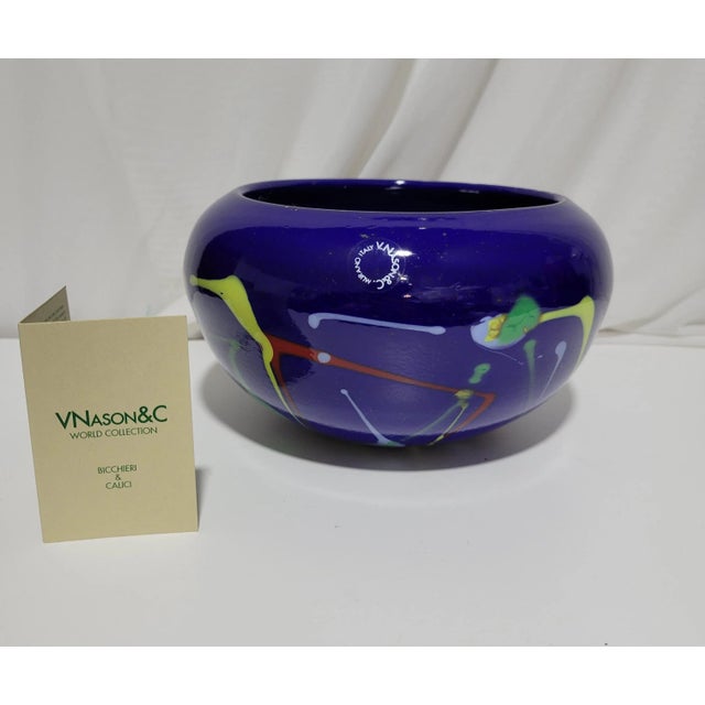 Murano Art Glass designed by Vicenzo Nason. Features abstract shapes in red, yellow, and green, on a blue background. A...