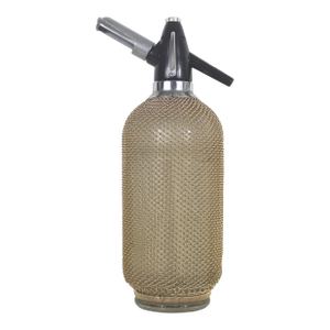 Mid Century Modern Seltzer Bottle With Gold Metal Mesh Casing Made in Czechoslovakia Bar Cart Styling Mixologist