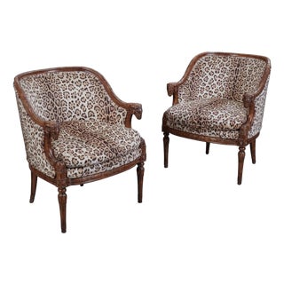 Louis XVI Style Carved Ram’s Head Armchairs in Leopard Upholstery- A Pair For Sale