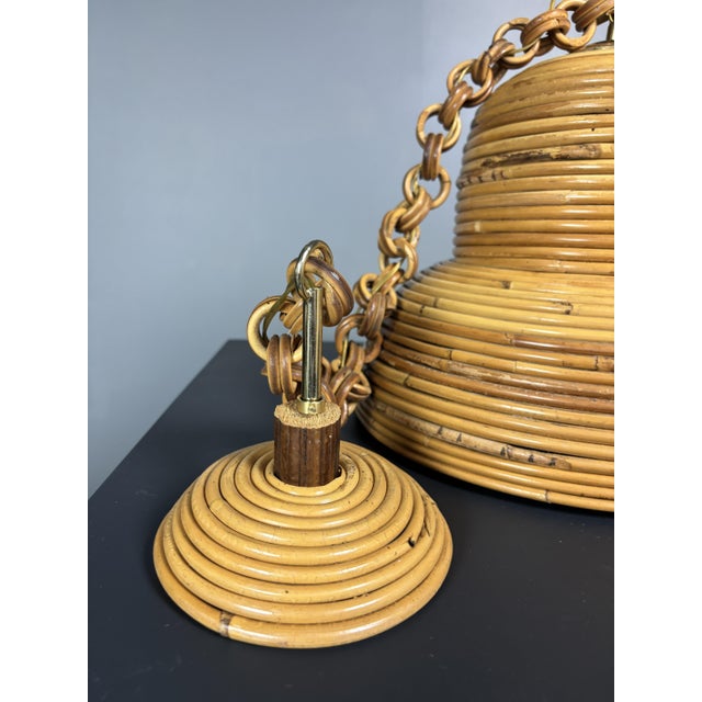 Wood Mid-Century Italian Pencil Reed Rattan Bamboo and Brass Hanging Pendant Lamp, 1970s For Sale - Image 7 of 14
