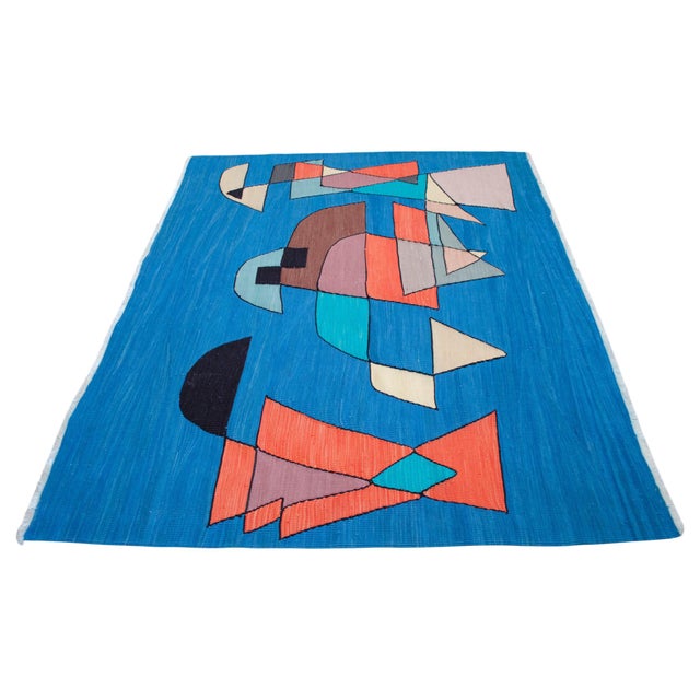 Blue Paul Klee - Sailing Boats - Inspired Silk Hand Woven Area - Wall Rug 4′7″ × 5′12″ For Sale - Image 8 of 13