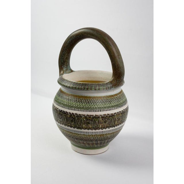 Large Mid-Century Green and Brown Glazed Ceramic Vase with Handle by Marcel Guillot for Salon des Ateliers d'Art, France, 1950s For Sale - Image 11 of 11
