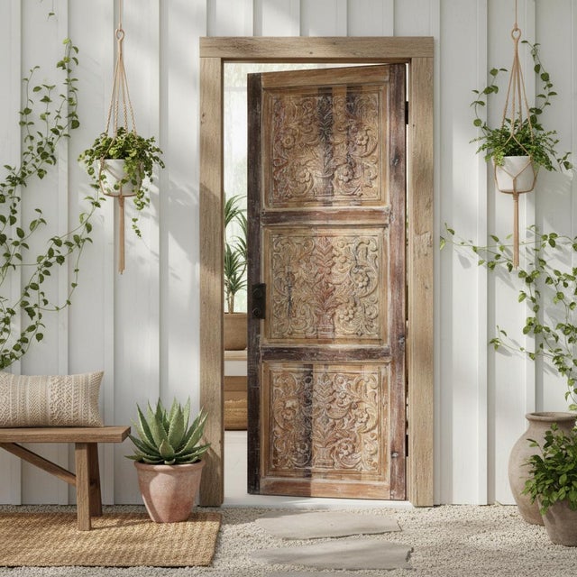 Vintage Carved Wood Doors – Natural Wood Floral Barn Doors, Rustic 96x36 For Sale - Image 4 of 4