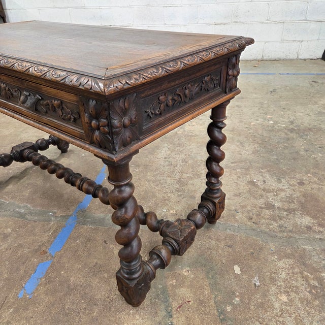 Mid 19th Century Jacobean Carved Oak Barley Twist H-Stretcher and Leg Writing Table For Sale - Image 12 of 18