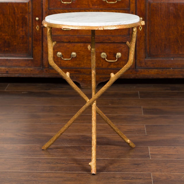 Mid 20th Century French Vintage Gilt Metal Side Table with Faux Bois Style Legs and Marble Top For Sale - Image 5 of 11