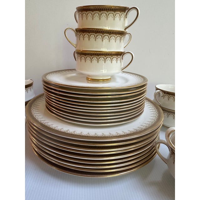1990s Paragon"ATHENA" Pattern 31pc Dinner Set White and Gold Colors With Banded Border Gold Scrollwork For Sale In New York - Image 6 of 16