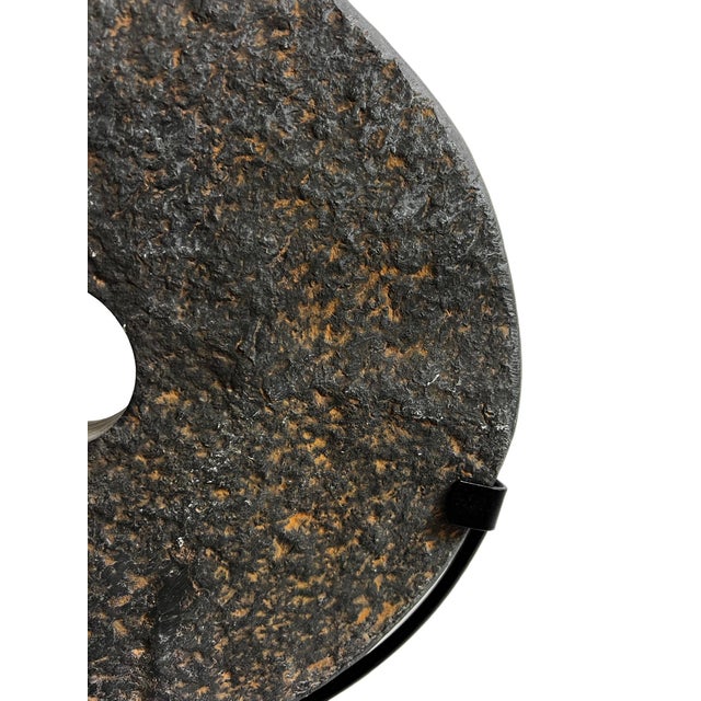 Vintage Modern Minimalist Black Stone Chiseled Disk on Stand Medium For Sale - Image 4 of 5