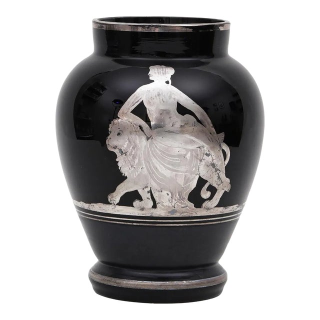 1930s Signed Czechoslovakian Black Glass Vase With Classical Figure For Sale