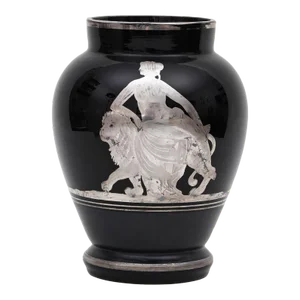 1930s Signed Czechoslovakian Black Glass Vase With Classical Figure