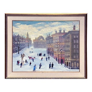New York City Folk Art Winter Scene – City Hall Park Ice Skaters – Mid-20th Century For Sale