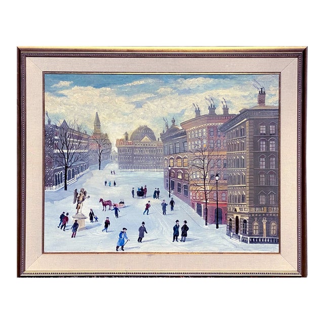 New York City Folk Art Winter Scene – City Hall Park Ice Skaters – Mid-20th Century For Sale