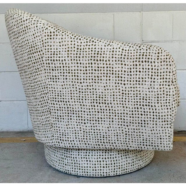 Original retail $7470, stylish Revelation Modern Off-White and Olive Boucle Coupe Swivel Chairs Pair, fully upholstered...