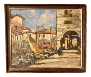 Robert Kervalo, Boats at the Port of Chioggia in Italy, Oil Painting