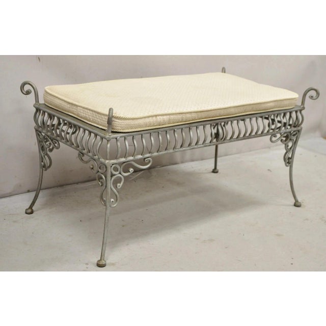 Late 20th Century Decorator Wrought Iron Scrolling French Country Style Gray Lattice Bench For Sale - Image 12 of 12