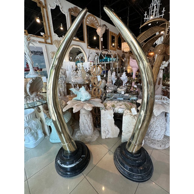 Vintage Pair 1970s Monumental Brass & Marble Faux Elephant Tusks Life Size For Sale In West Palm - Image 6 of 12