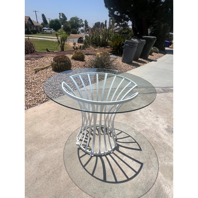 Arthur Umanoff Vintage Mid Century Modern Restored White Glass Patio Wrought Iron Dining Table Attributed to Arthur Umanoff for Shaver Howard For Sale - Image 4 of 7