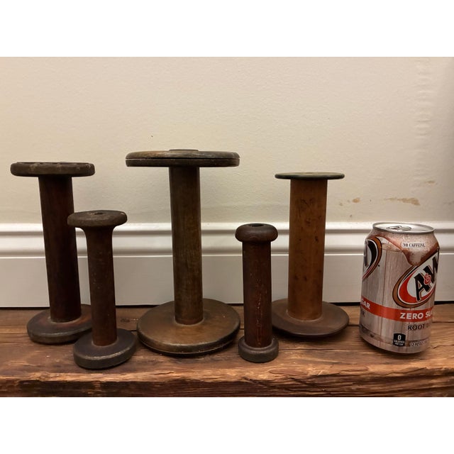 Shabby Chic Antique Vintage Wooden Textile Spools - Set of 5 For Sale - Image 3 of 5
